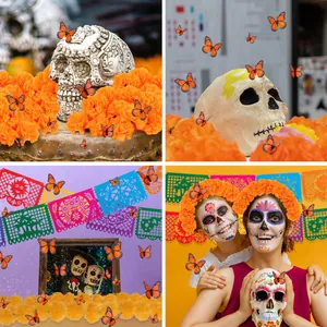 Day of the Dead decoration set with Mexican banners, marigolds, and butterflies