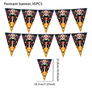 Detailed dimensions for 10-piece Mexican Day of the Dead skull theme pennant banner.
