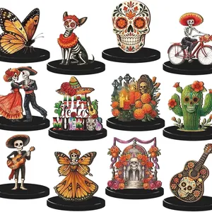 Lot de 12 décorations de table en bois pour le Jour des Morts avec crânes et squelettes