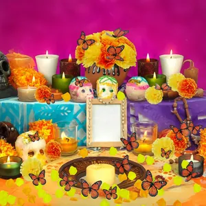 Traditional Day of the Dead altar decoration set with monarch butterflies and marigold flowers