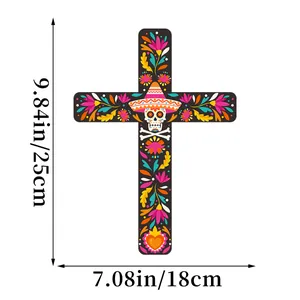 Día de los Muertos cross wall hanging with skull and floral design measuring 25x18cm