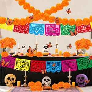 Complete Mexican Day of the Dead decoration set with marigolds and papel picado.