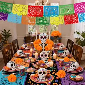 Vibrant Mexican Day of the Dead decorations set with marigold garlands and banners