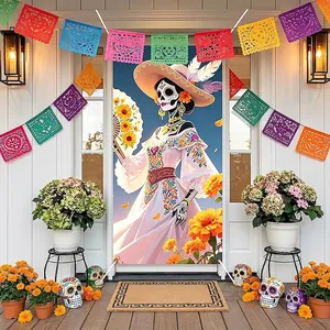 Mexican Day Of The Dead Door Banner Polyester Tapestry Skeleton Marigold Floral Printed Party Home Wall Decor Background Cloth