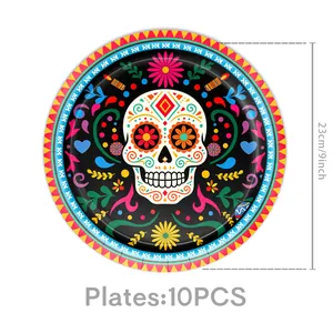 Day of the Dead themed 23cm paper plates, 10-piece set for a festive Mexican party decoration