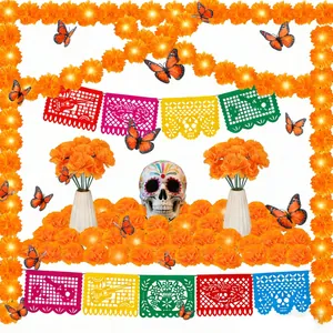 Festive Day of the Dead marigold flower garland decoration kit with skull and butterflies