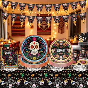 Complete Mexican Day of the Dead party decorations set with sugar skull plates and banner