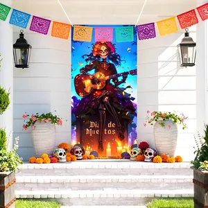 Mexican Day of the Dead door cover banner with guitar playing skeleton and marigolds