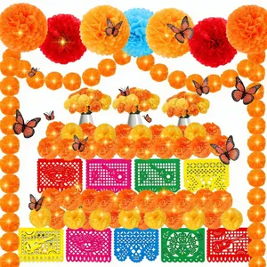Traditional Mexican Day of the Dead decoration set with marigolds and butterflies