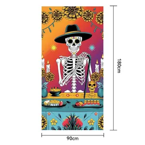 Vibrant Day of the Dead Mexican door banner featuring skeleton and marigold, size 180x90cm