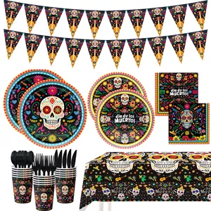 Comprehensive Day of the Dead party supplies set with sugar skull banners and plates.