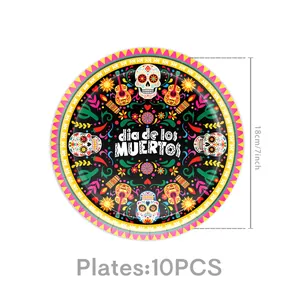 Traditional Day of the Dead themed paper plate with colorful sugar skull design, 7 inch, 10 count