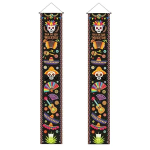 Día de los Muertos porch banners with colorful skull and instrument patterns