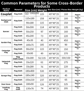 Specifications table for Day of the Dead banners and flags showing sizes and weights