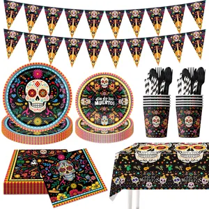 Mexican Day of the Dead party supplies set with sugar skull tableware and banner