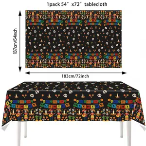 Dia de los Muertos black tablecloth with skull and marigold patterns 54x72 inch