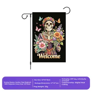 Detailed product specifications for Day of the Dead garden flag, 30x45cm polyester linen.