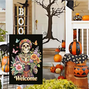 Vibrant Day of the Dead garden flag featuring a Sugar Skull lady on a festive porch