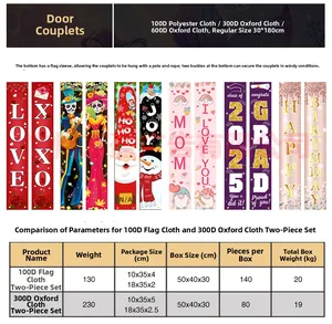 Vari set di striscioni festivi per porte con tabella delle specifiche del materiale