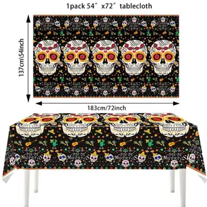 Detailed size diagram of Day of the Dead sugar skull disposable plastic tablecloth