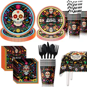 Detailed view of Día de los Muertos party tableware set with sugar skull patterns