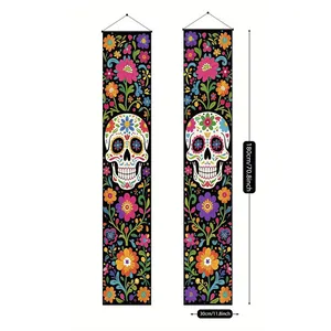 Mexican Day of the Dead Door Banners Skeleton Sugar Skull Hanging Banner Banner Decoration For Dia De Los Muertos Party Yard Garden Home Outdoor Polyester Wall Hanging
