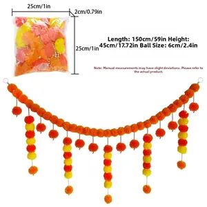 Detailed view of artificial marigold flower garland with dimensions and product packaging