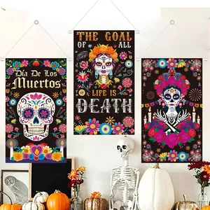 Mexican Day Of The Dead Party Decoration Hanging Banner Wall Backdrop Sugar Skull Catrina Vintage Fabric Festival Door Decor