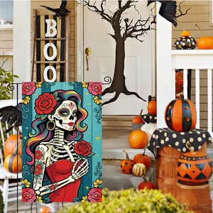Day of the Dead garden flag featuring a colorful skeleton lady with roses and flowers.