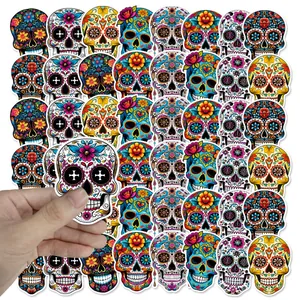 Mexican Day Of The Dead Stickers Sugar Skull Decals Halloween Party Decorations Flower Pattern Waterproof Stickers For Laptop Phone Scrapbooking
