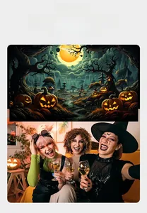 Detailed view of Halloween pumpkin backdrop design and real party scene usage display