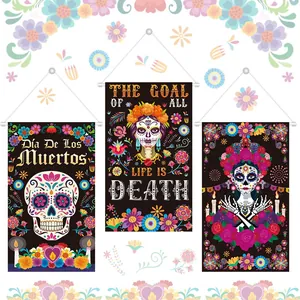 Set of three Day of the Dead banners with colorful sugar skull and Catrina art designs