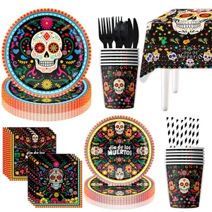 Comprehensive Day of the Dead party tableware set with colorful sugar skull designs.