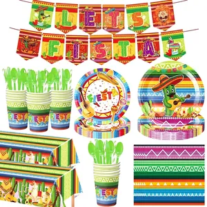 Πλήρες σετ μεξικάνικης γιορτής Fiesta με πανό, πιάτα, ποτήρια και χαρτοπετσέτες