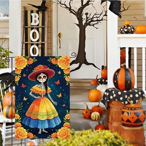 Day of the Dead garden flag with La Catrina skeleton design for festive porch decor