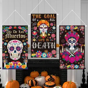 Three Mexican Day of the Dead decorative banners featuring vibrant sugar skulls and florals.