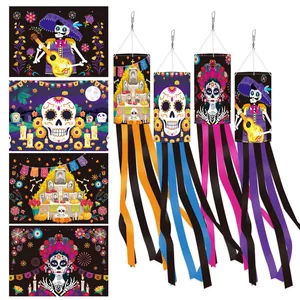 Outdoor Day of the Dead windsock flags featuring colorful Mexican skull and skeleton designs