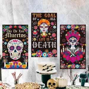 Mexican Day of the Dead party banners featuring sugar skulls and floral Catrina designs