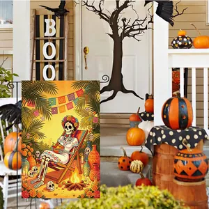 Detailed view of Day of the Dead garden flag with colorful skeleton design on porch
