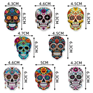 Colorful Day of the Dead sugar skull sticker set with dimensions for party decoration