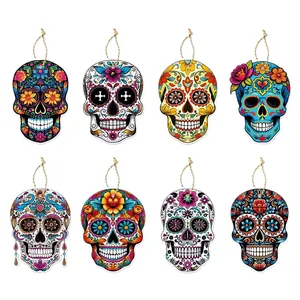 Set of 8 vibrant Mexican Day of the Dead sugar skull wooden hanging party ornaments