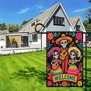 Detail view of a vibrant Day of the Dead garden flag with festive skeleton musicians