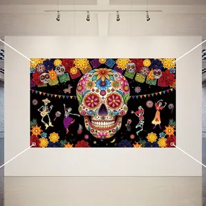 Mexican Day of the Dead backdrop featuring vibrant sugar skull and floral festive patterns