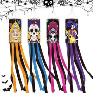 Day of the Dead Windsock Mexico Party Decoration Polyester Outdoor Garden Yard Skeleton Sugar Skull Hanging Ghost Flag