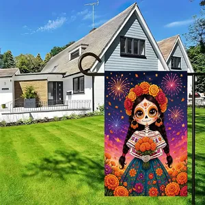 Close-up of Day of the Dead garden flag featuring a colorful skeleton girl and fireworks