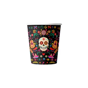 Mexican Day of the Dead disposable paper cup with colorful sugar skull and guitar patterns