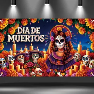 Vibrant Dia de los Muertos photography backdrop with Catrina sugar skulls and marigolds