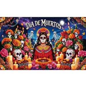 Vibrant Mexico Day of the Dead backdrop with skulls, marigolds, and Catrina design