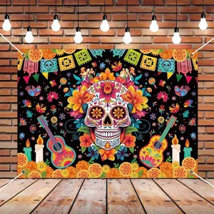 Vibrant Mexican Day of the Dead backdrop with sugar skull and flowers for party decor