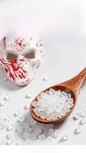 Vue macro détaillée d'un masque de crâne ensanglanté en matériau EVA blanc de qualité